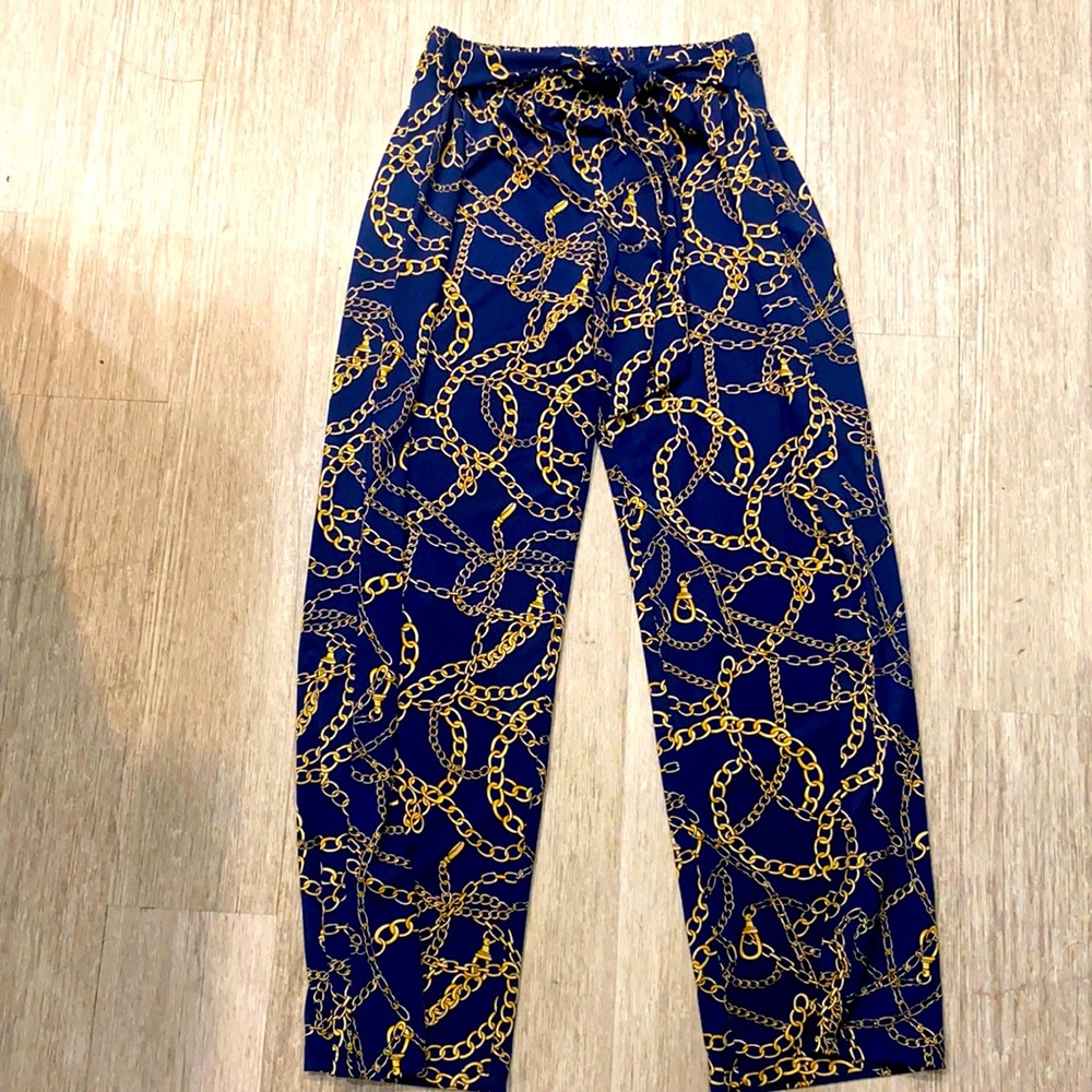 Stretchy Gold chain pattern blue pants